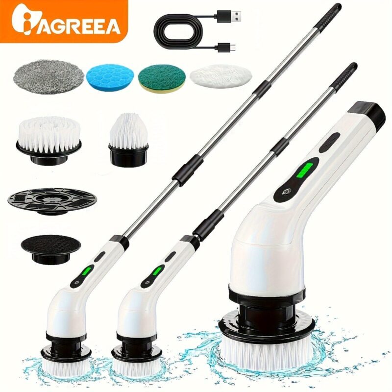 1set. IAGREEA Electric Cleaning Brush. Rotary Floor Scrubber. Electric Rotary Scrubber. Replaceable 6 Brush Heads And Adjustable Extension Handle. 360 Cordless Cleaning Brush For Bathroom. Bathtub. Tiles. USB-C Charging Line Rotary Cleaning Brush